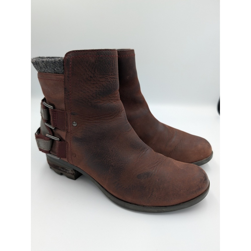 Sorel Lolla Ankle Boots Redwood Brown Leather Buckle Moto Booties Women 7.5